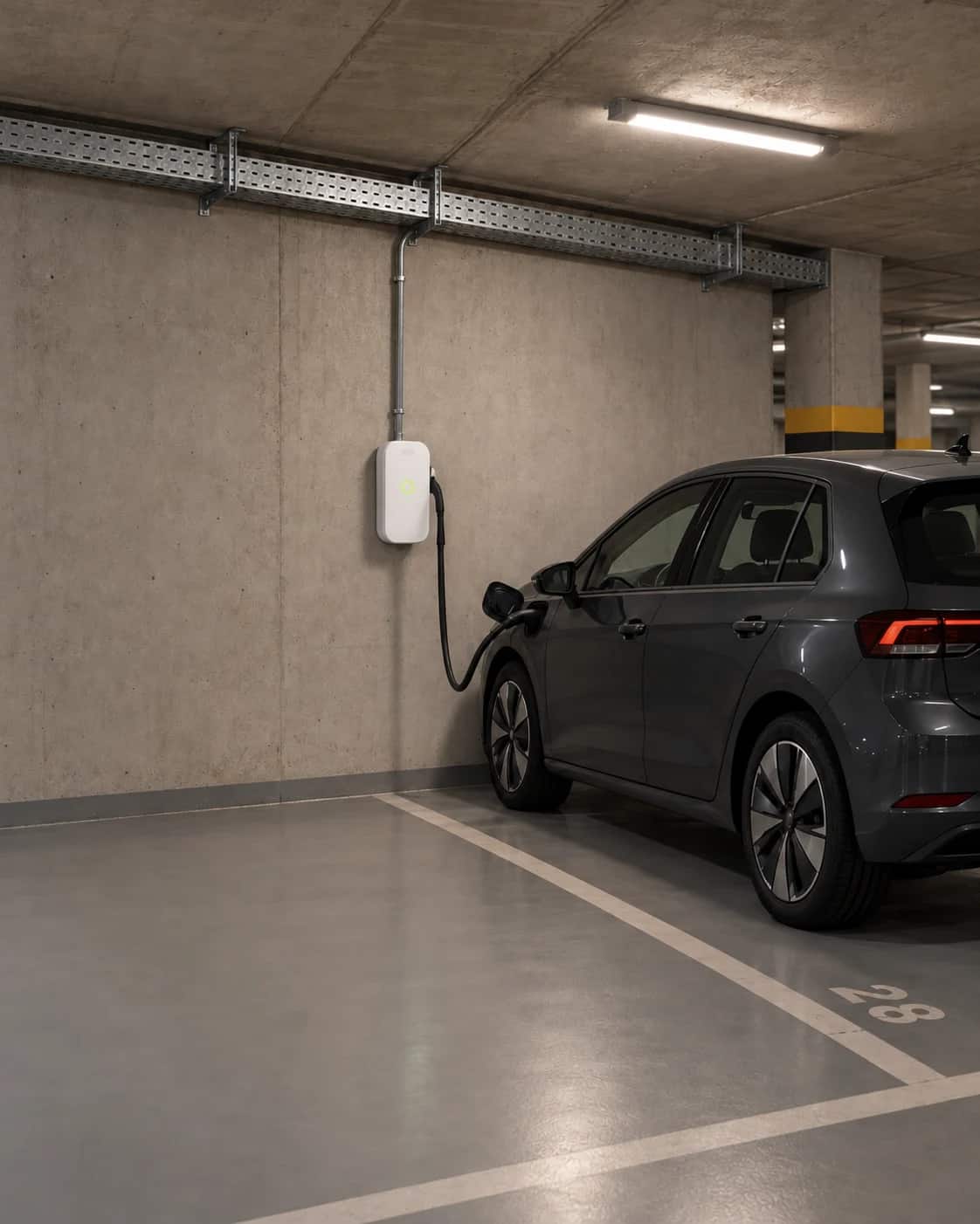 Auto elektryczne podłączone do ładowarki na ścianie w garażu podziemnym bloku